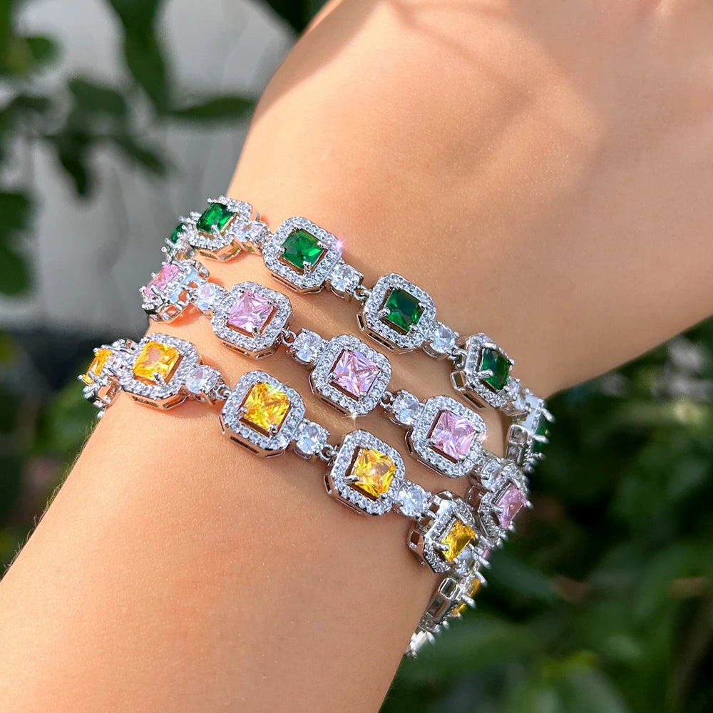 ThreeGraces Trendy Elegant Shiny Pink Green Square Zirconia Bridal Wedding Party Link Chain Bracelet Jewelry for Women BR600