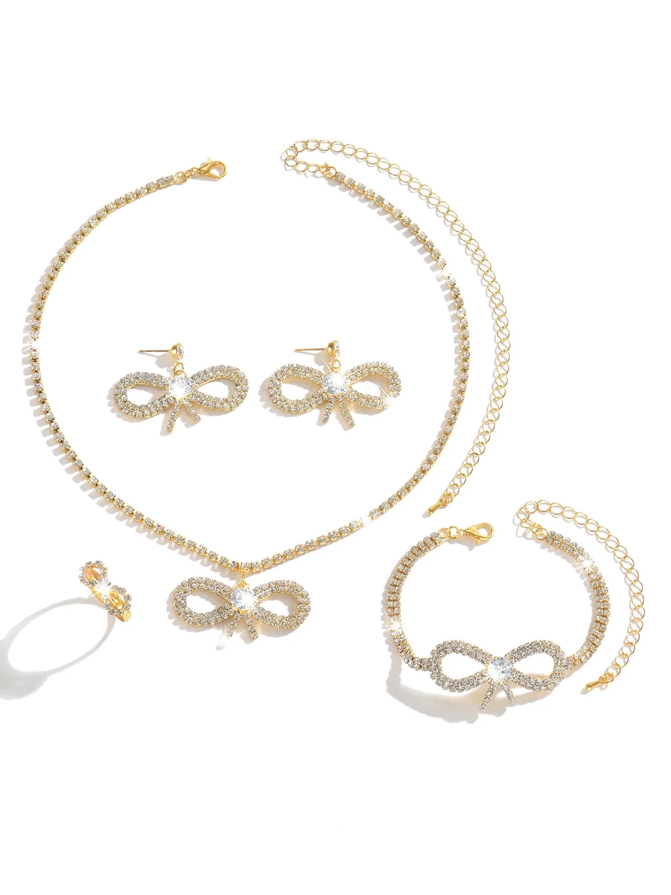 Girl style crystal bow complete set of jewelry, necklace, earrings, bracelet, ring, women's date, dinner dress accessories