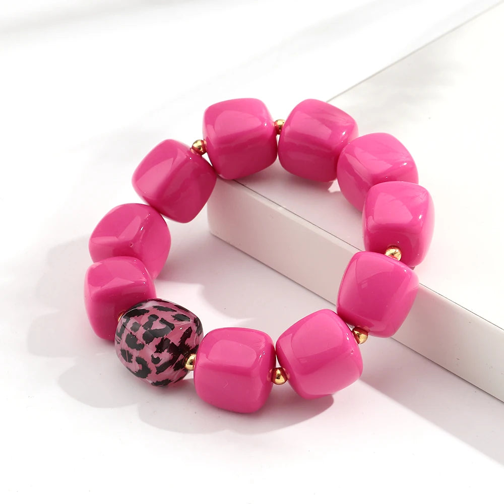 New Pink Square Breaded Elastic Bracelets for Women Resin Geometric Beads Stretch Cuff Bangle Bracelets Fashion Jewelry