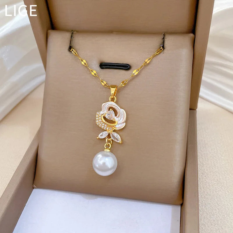 Romantic Shell Flower Pendant Necklace with Imitation Pearl Luxury Trendy Wedding Accessories Gift Aesthetic Jewelry for Women