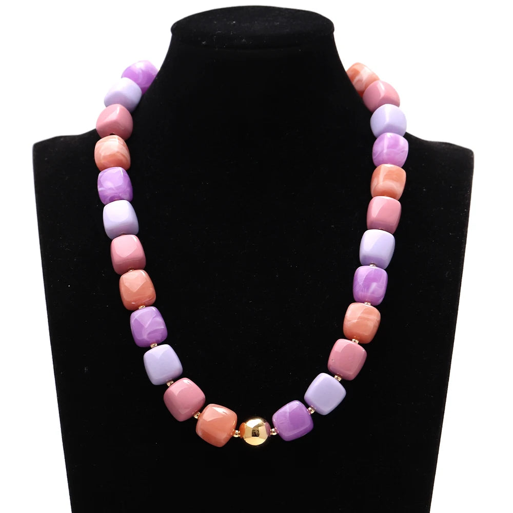 Boho Colorful Acrylic Geometric Square Beads Necklace Fashion Resin Geometry Beaded Collar Necklace 2026 New Jewelry Gifts
