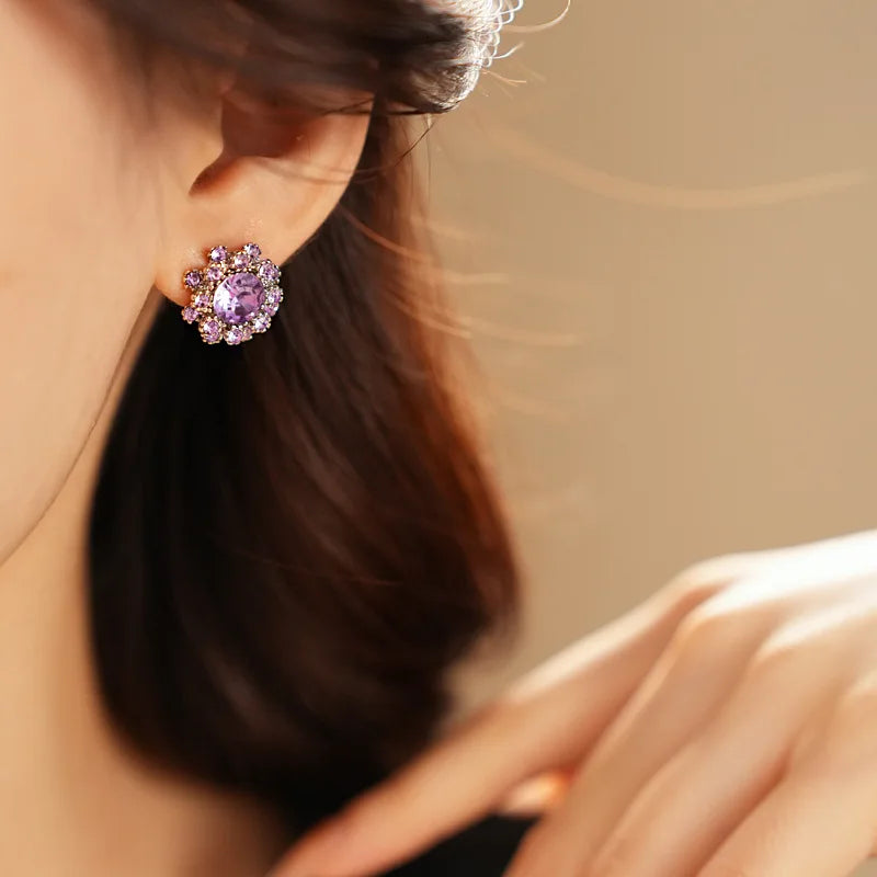Vintage Amethyst Round Flower Cluster Necklace Bracelet Earring Jewelry Set Antique Silver Luxury Women Bridal Wedding Jewelry N