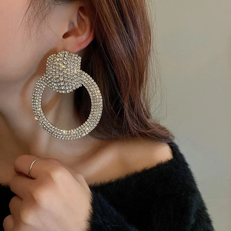 Fashion Geometric Crystal Dangle Earrings for Women Oversize Round Rhinestones Earrings Party Jewelry Gifts