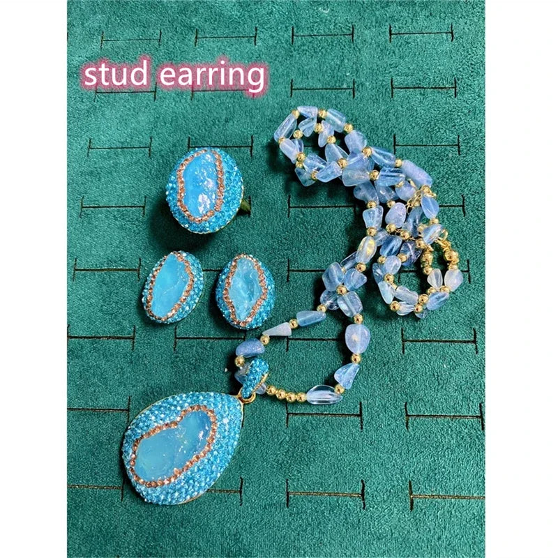 Turkish Raw Baroque Aquamarine Crystal Jewelry Set for Women Rhinestone Quartz Irregular Stone Necklace Ring Hook Earring Sets