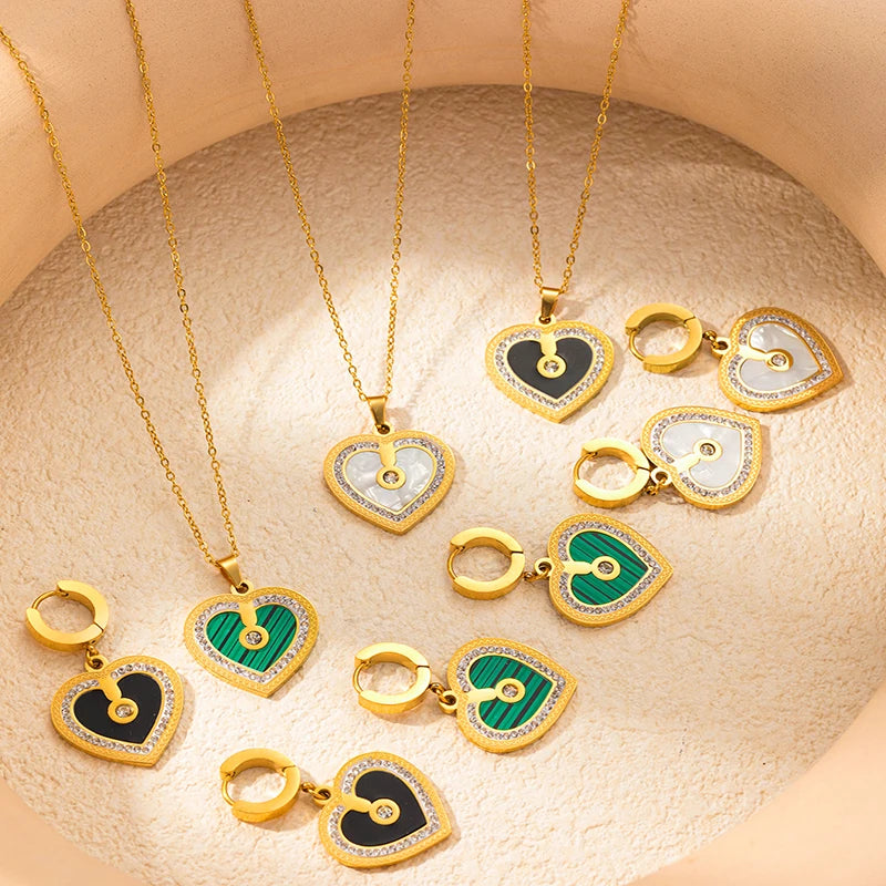 ANENJERY 316L Stainless Steel Double sided Heart Shiny Zircon Necklace Earrings For Women Niche Vintage Jewelry Gifts Wholesale