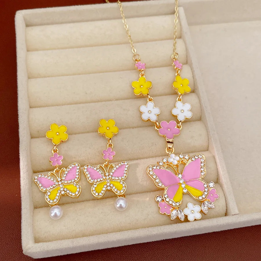 Pink Yellow Butterfly Flower Jewelry Set Sweet Enamel Necklace Drop Earrings Women's Fashion Party Banquet Accessories K