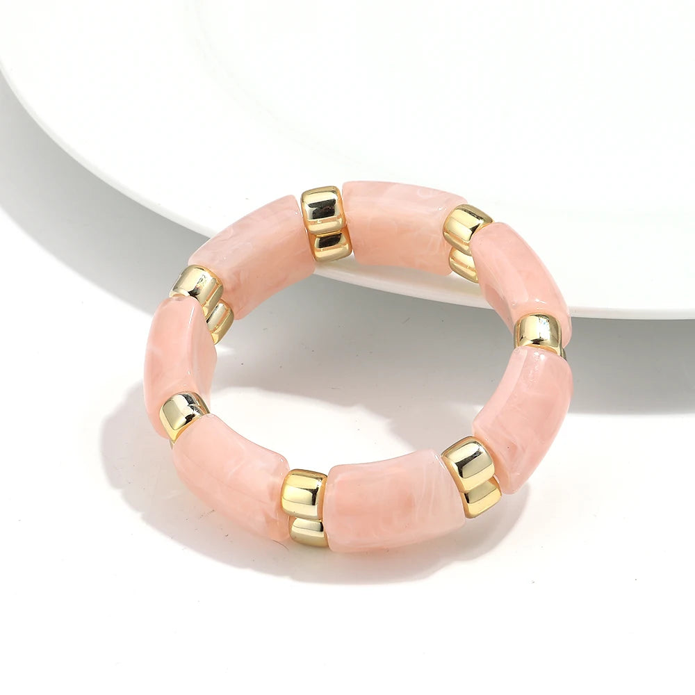 Vintage Acrylic Marbled Elastic Beads Bangle Bracelets for Women Fashion Golden CCB Round Beaded Cuff Bracelet Jewelry Gifts