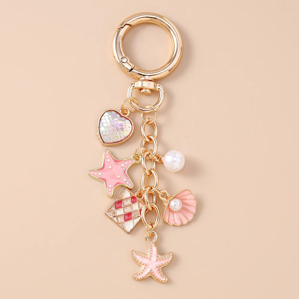 Summer Beach Mermaid Shell Starfish Keychain Women Girls Pearl Love Heart Key Ring Pendants for Handbag Decor DIY Jewelry Gifts