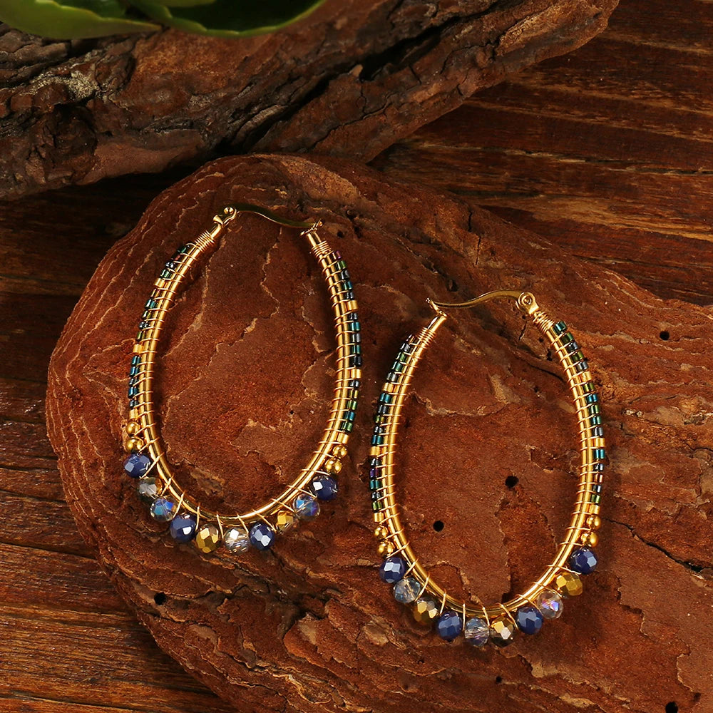 Badu Boho Colorful Woven Crystal Beads Oval Hoop Earrings for Women Stainless Steel Handmade Jewelry Bohemia Fashion Gifts