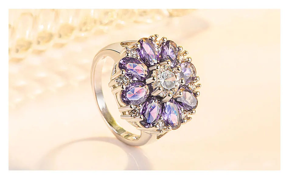 ZDADAN 925 Sterling Silver Flower Amethyst Finger Ring For Christmas Women Party Jewelry Gift