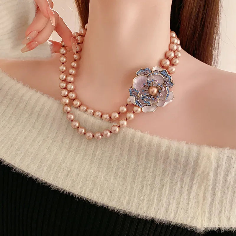 Imitation Pearl Flowers Stud Earrings French Retro Exquisite Luxury Dropping Chain Necklace Romantic Jewelry Sets Wedding H