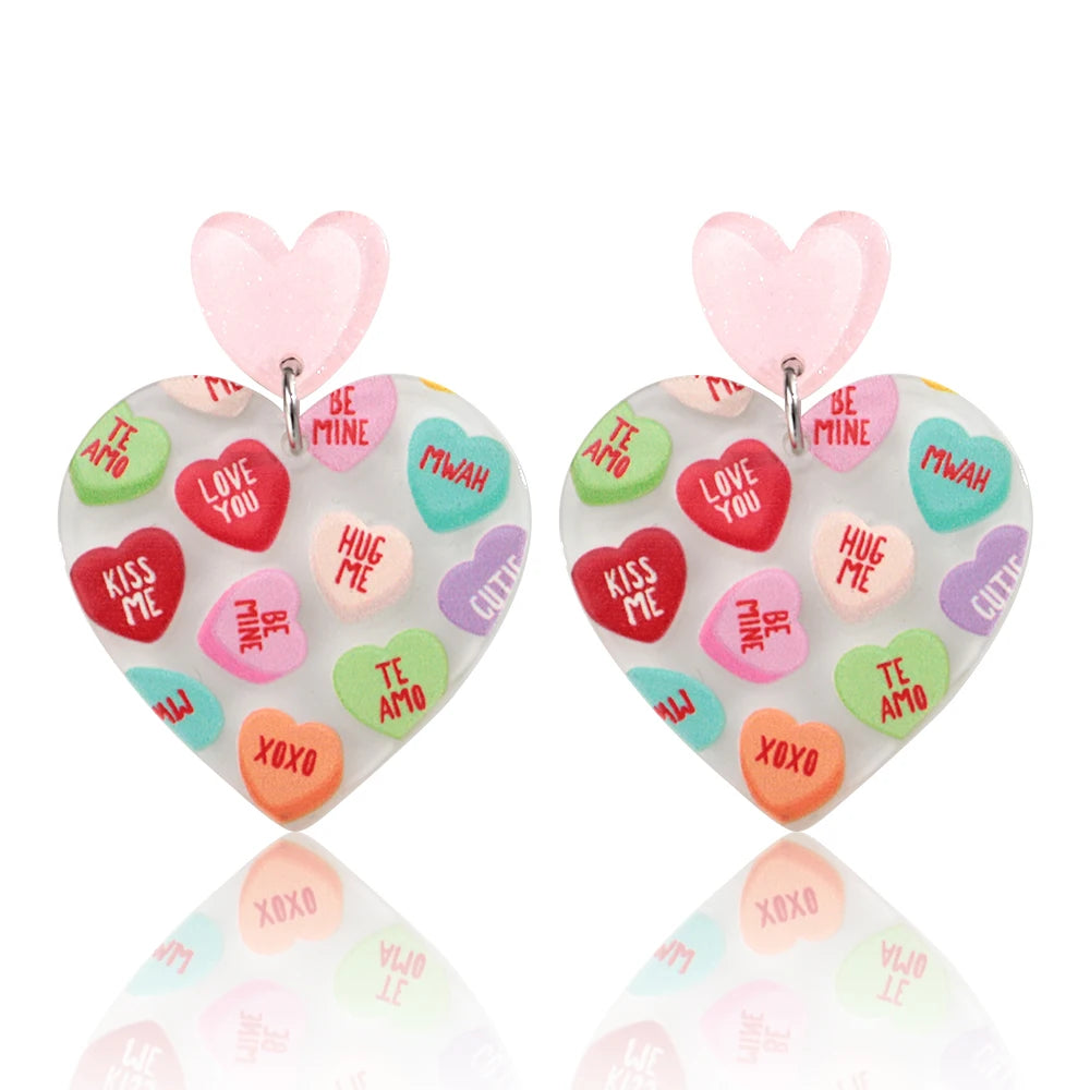 Sweet Acrylic Heart Love Message Drop Earrings for Women Resin Heart Shape Pendant Earrings Valentines Day Gifts