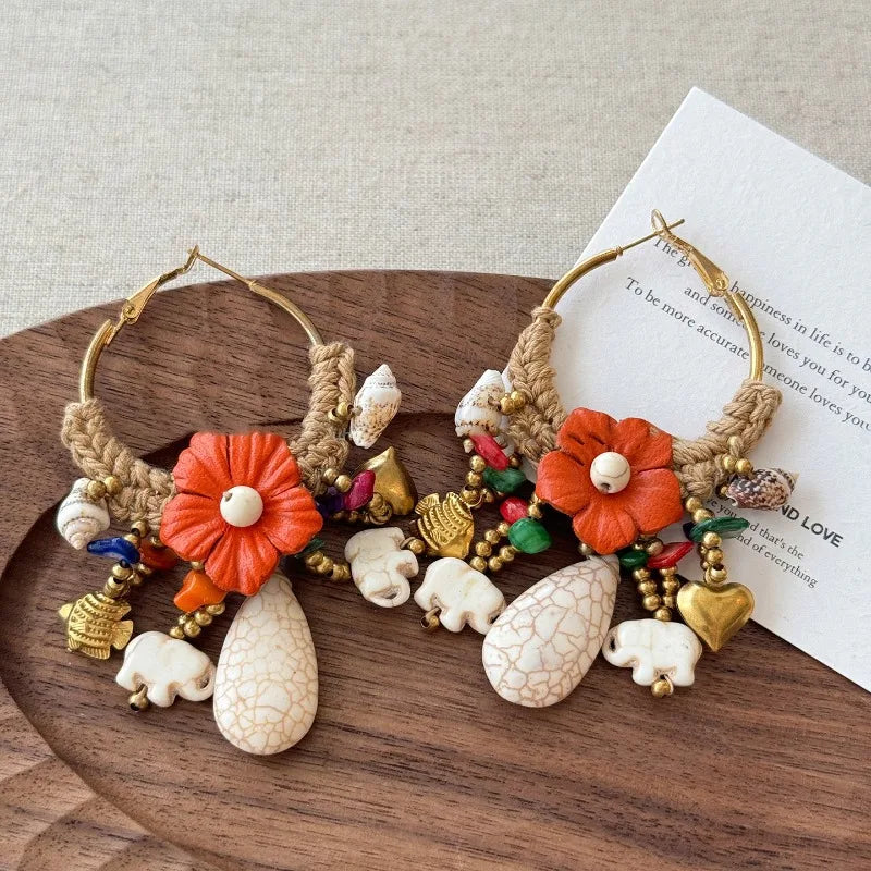 NISHIZAWA Bohemian Stones Earrings for Women Flowers Tassels Fashion Jewelry Elegant Beach Style Retro Aretes De Mujer