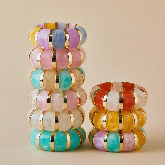 KMVEXO Fashion Candy Color  Acrylic Elastic Thick Wide Bracelet Marble Texture Multicolored Resin Charm Bangle Jewelry for Women
