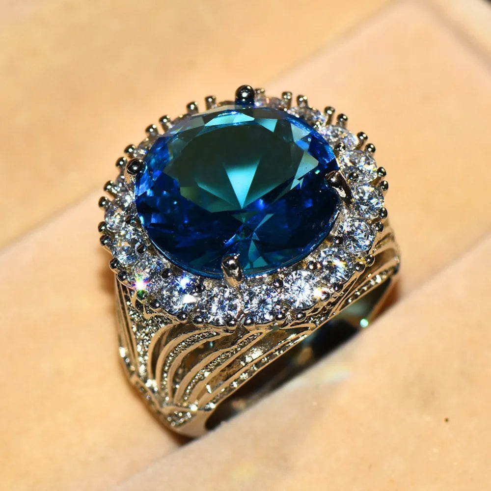 Luxury Female Big Blue White Zircon Stone Ring Silver Color Wedding Jewelry For Women