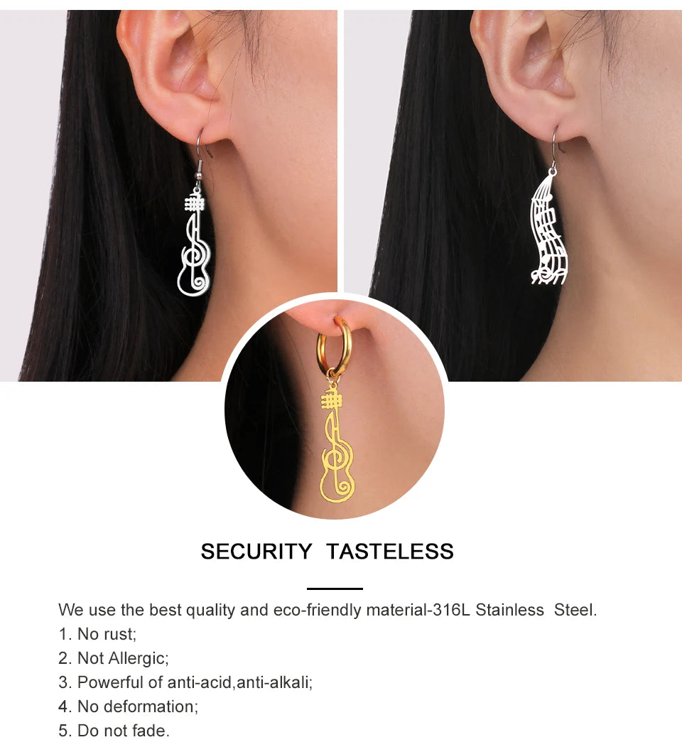 My Shape Music Note Drop Earrings for Women Men Gifts Stainless Steel Classic Musical Violin Dangle Earring Jewelry Musican Gift