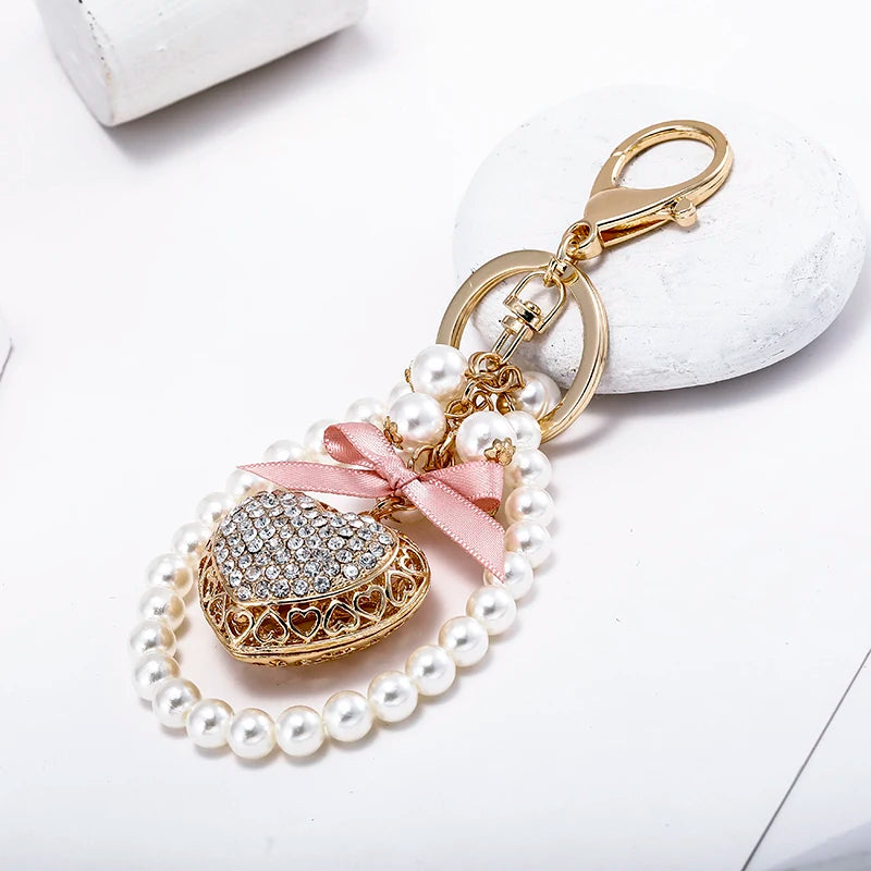 Pink Bow Love Pearl Chain KeyChain Sparkling Crystal Women's Luxury Handbag Pendant Car Key Ring