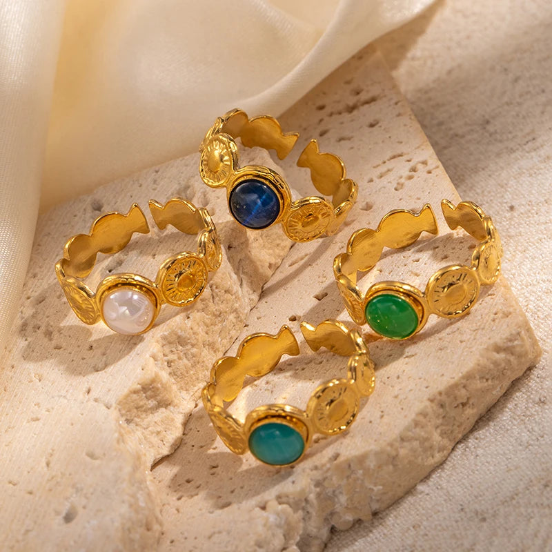 ANENJERY 316L Stainless Steel Colorful Stone Round Card Sun Open Ring for Women Men Niche Special Jewelry Gifts Wholesale