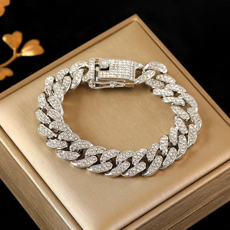 EILIECK Exquisite Geometric Thick Cuban Chain Necklace Bracelet Set Trendy Collar Punk Zirconia Collar Jewelry Women Men New