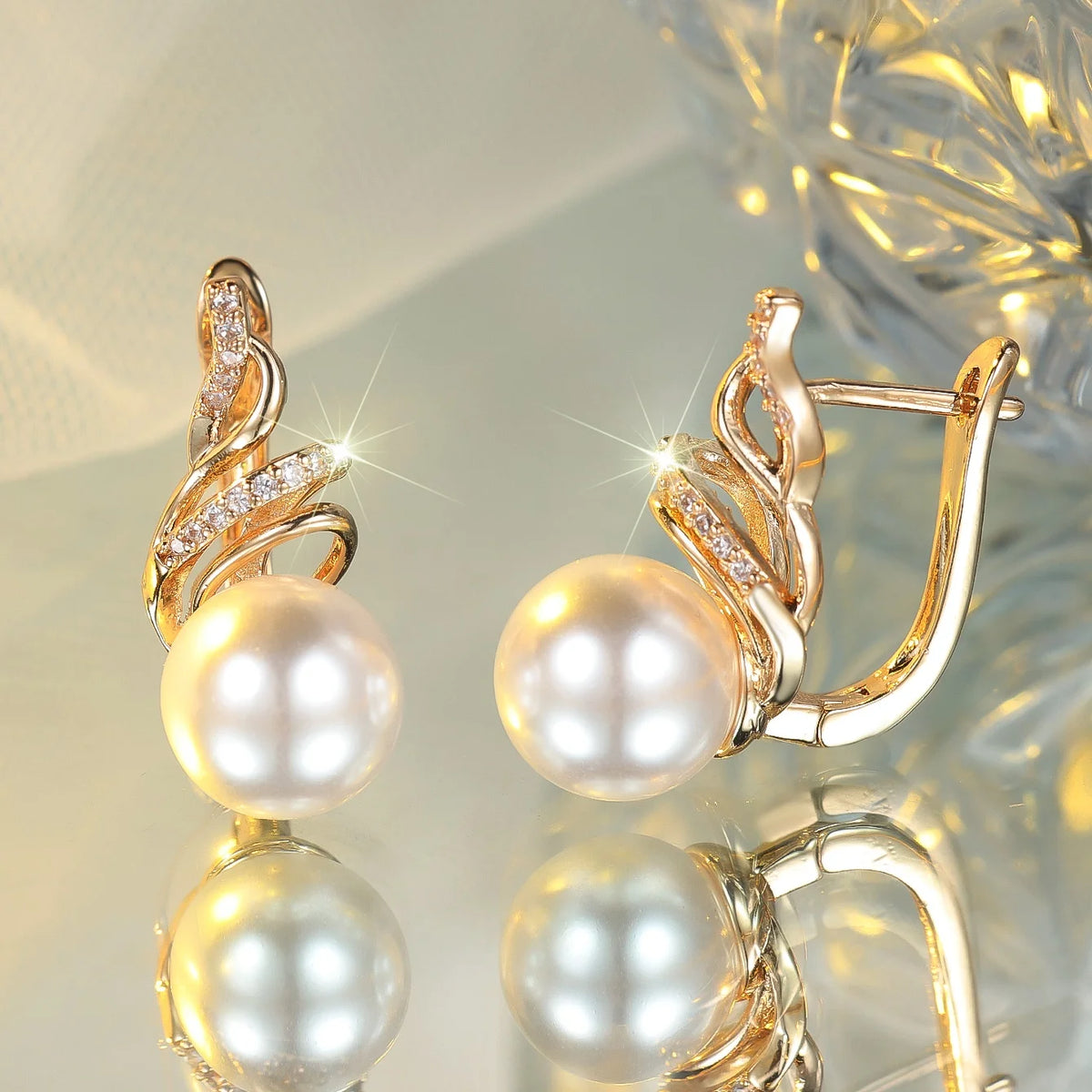 White Pearrl Zircon Stone Round Hoop Earrings Luxury Female Gold Color Wedding Jewelry For Women