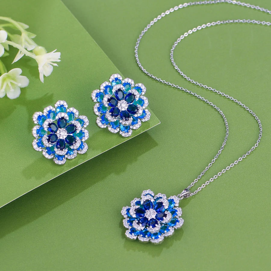 ThreeGraces 2025 New Fashion Blue Zirconia 3D Design Big Flower Earrings and Pendant Necklace Party Jewelry Set for Women J722