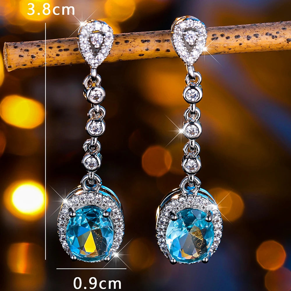 Elegant Female Light Blue Zircon Stone Drop Silver Color Earrings Cute Dangle Boho Long Wedding Jewelry For Women