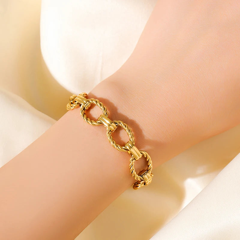 EILIECK 316L Stainless Steel Metal Gold Color Oval Link Chain Necklace Bracelet Set For Women Fashion Punk Waterproof Jewelry