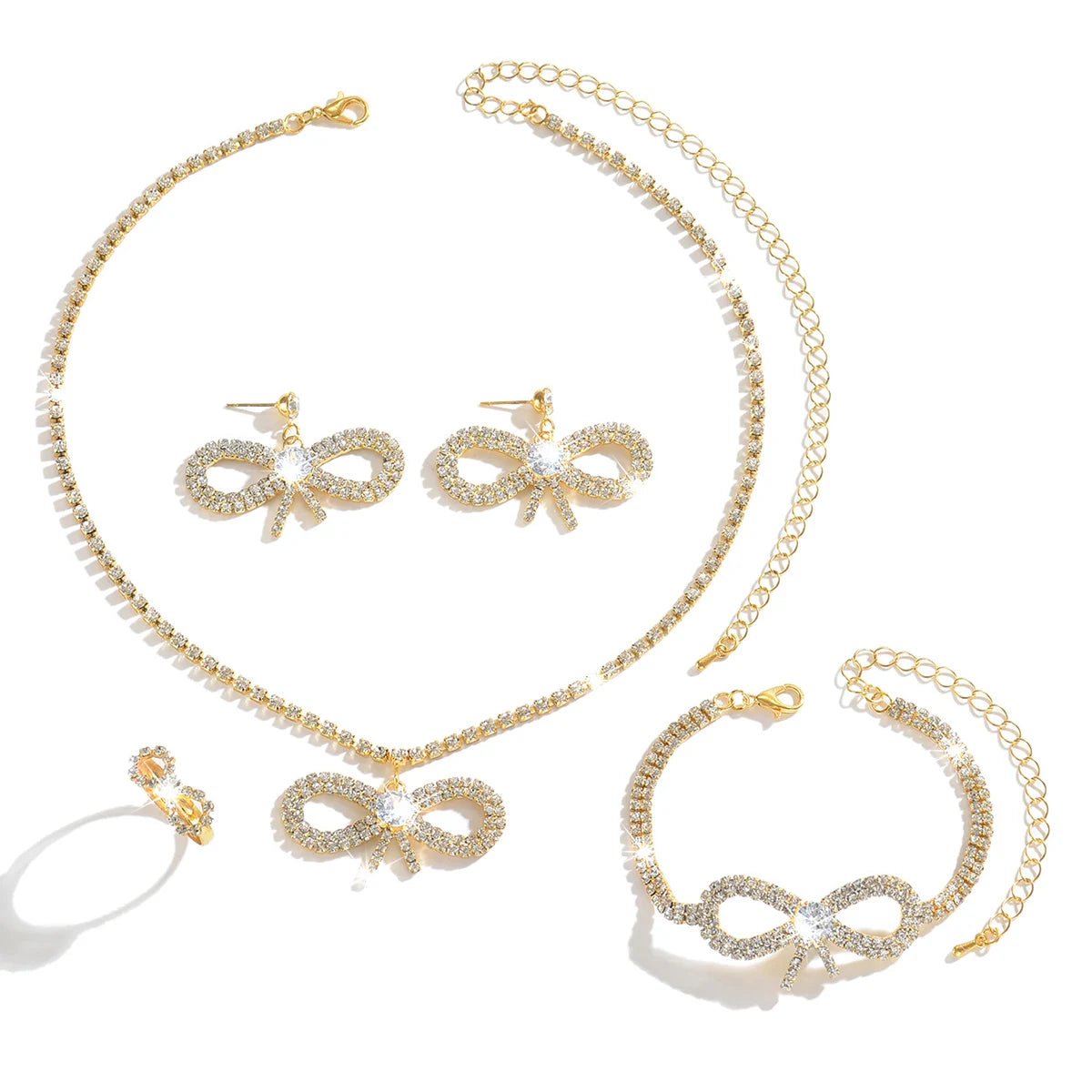 Girl style crystal bow complete set of jewelry, necklace, earrings, bracelet, ring, women's date, dinner dress accessories