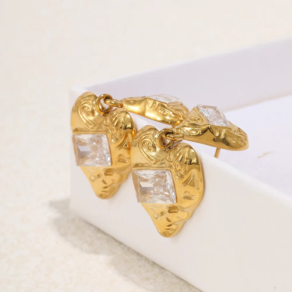 Vintage Stainless Steel Double Heart Drop Earrings for Women Luxury Square Zircon Metal Textured Dangle Earring Wedding Jewelry