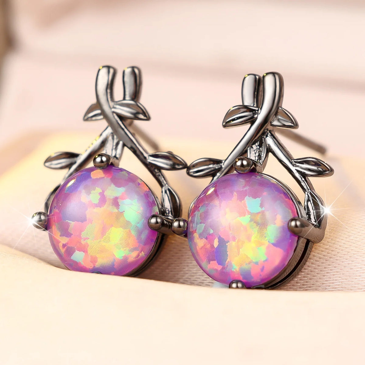 Charm Female Round Purple Opal Oval Trendy Stud Earrings Black Color Wedding Jewelry For Women