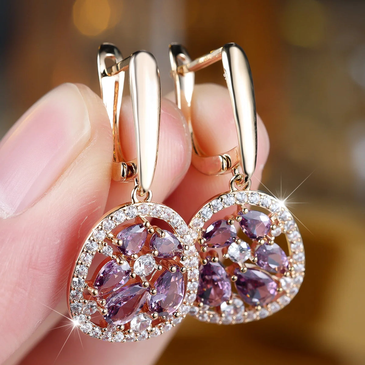 Charm Cute Female Small Waterdrop Purple Zircon Stone Fashion Drop Dangle Earrings Unique Gold Color Wedding Jewelry For Women
