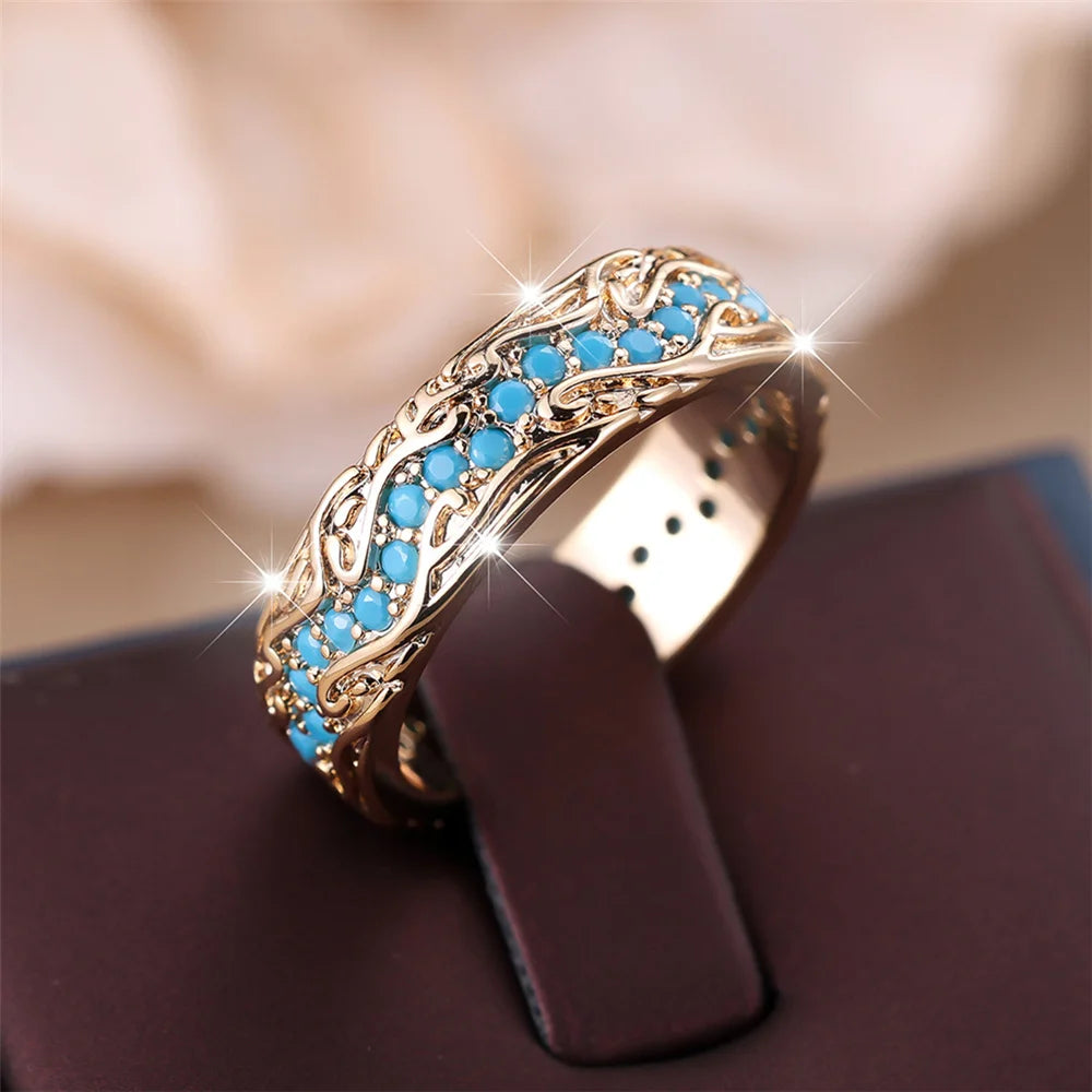 Cute Female Blue Round Stone Ring Novelty Gold Color Party Jewelry For Women