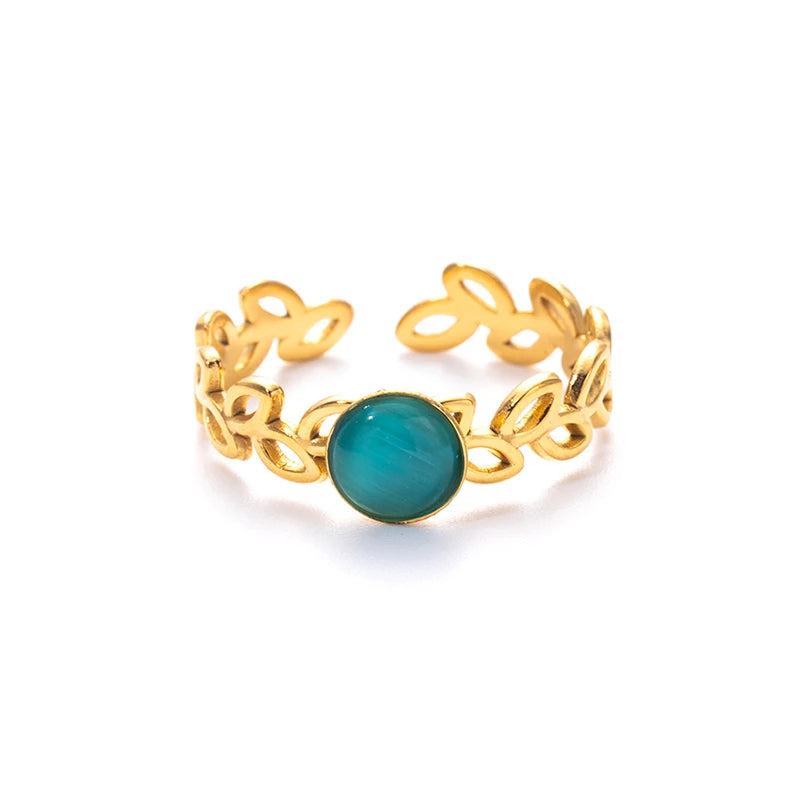 ANENJERY 316L Stainless Steel Hollow Leaf Colorful Stone Open Ring for Women Men Simple Jewelry Gifts Daily Wholesale