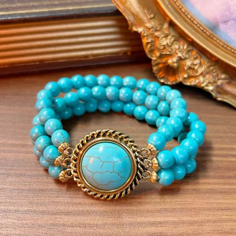 Turquoise Bracelets for Women Multilayered Vintage Versatile Jewelry Fashion Elegant Ethnic Style Beads Pulseras Mujer