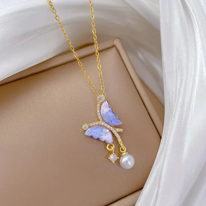 Exquisite Micro Inlaid Zircon Butterfly Tassel Necklace For Women Stainless Steel Moon Butterfly Flower Clavicle Choker Jewelry
