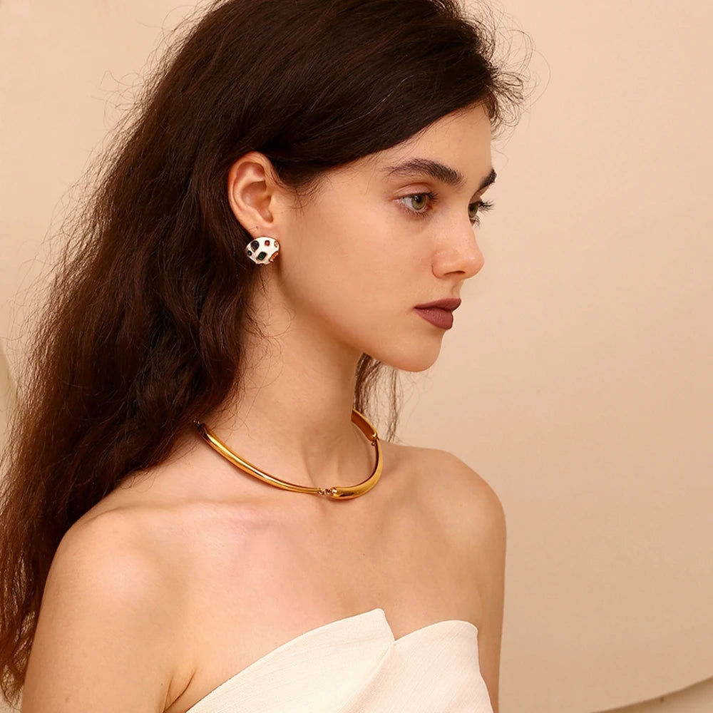 E.B.belle White Enamel Geometric Colored Zirconium Spherical Earrings 18K Gold Plated Gift 316L Stainless Steel Women's Earrings