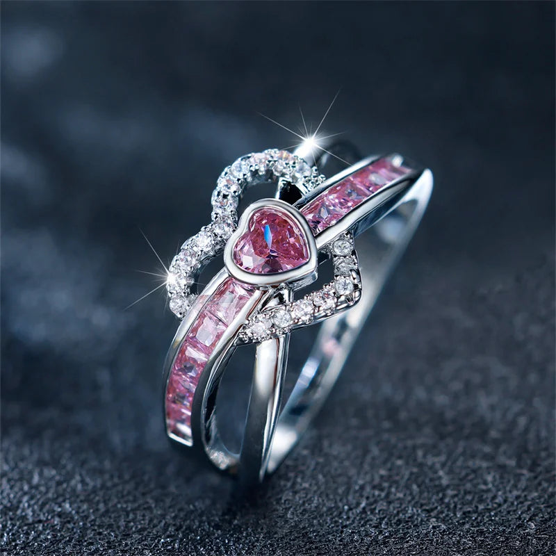 Cute Female Pink Zircon Stone Ring Trendy Silver Color Heart Engagement Rings For Women Bride Wedding Jewelry Gift
