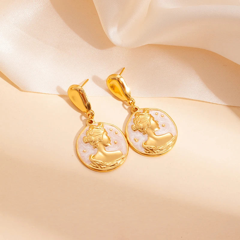 ANENJERY 316L Stainless Steel Portrait Round Card Pendant Earrings For Women Vintage Personality Versatile Party Jewelry Gifts