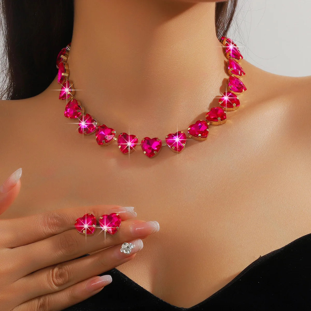 FYUAN Sweet Rose Red Heart Pendant Necklace For Women Crystal Earrings Weddings Banquet Jewelry Sets