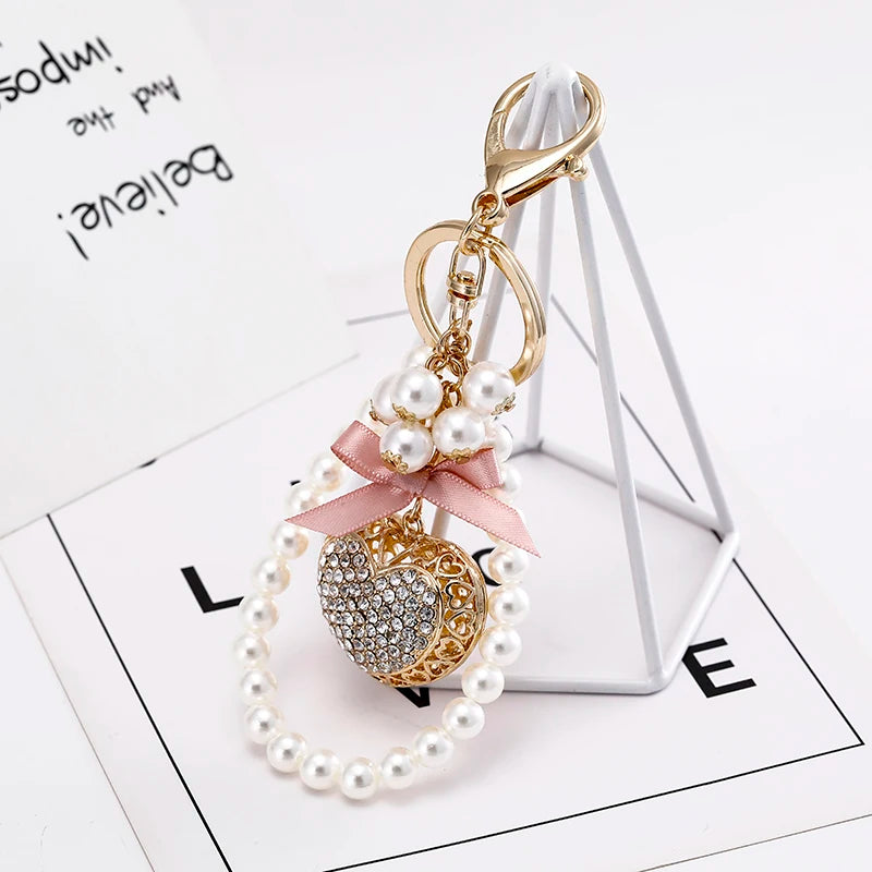 Pink Bow Love Pearl Chain KeyChain Sparkling Crystal Women's Luxury Handbag Pendant Car Key Ring