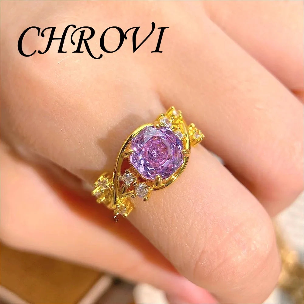 Exquisite 925 Sterling Silver Octagonal Millennium Rose Ring Gold-Plated Gemstone Engagement Ring for Women
