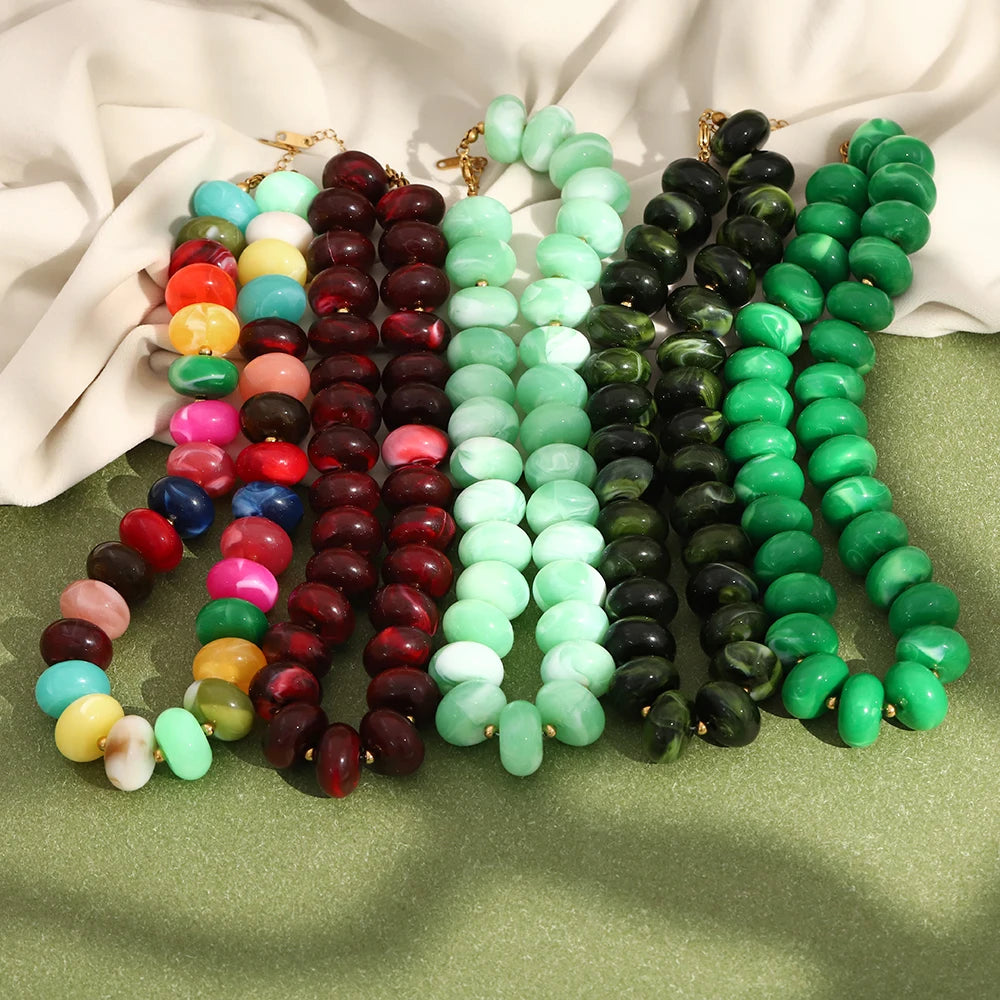 E.B.belle Colorful Bohemian Flat Disc Bead Necklace Stainless Steel 18K Gold Plated Bead Choker Summer Beach Women Jewelry Gift