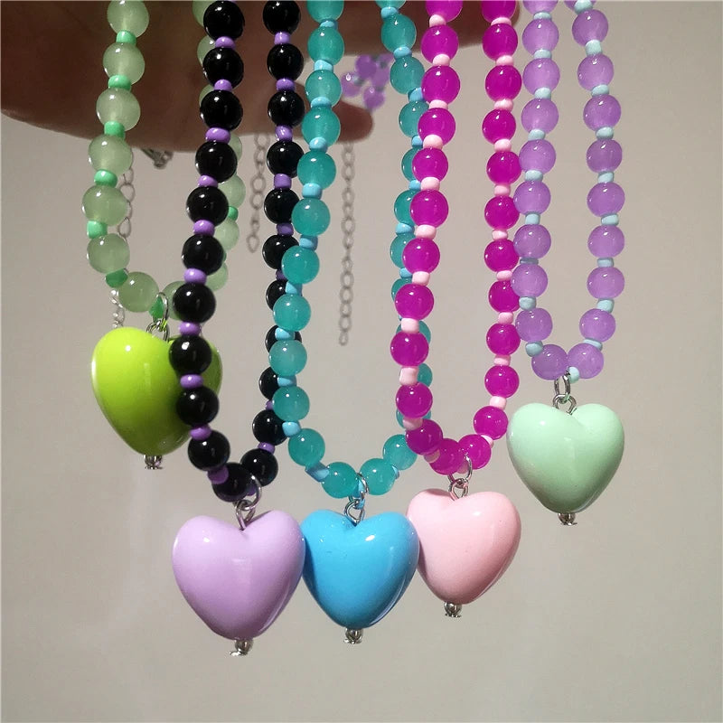 2026 New Color Beaded Chain Resin Heart Pendant Necklace For Women Girls Trendy Clavicle Chain Delicate Jewelry Gift