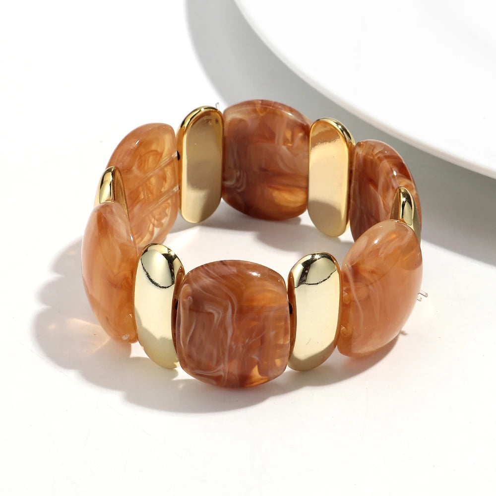 Elegant Acrylic Marble Geometric Petal Curved Beads Elastic Bracelets Trendy CCB Bead Chunky Bangles Bracelet Women Accessories
