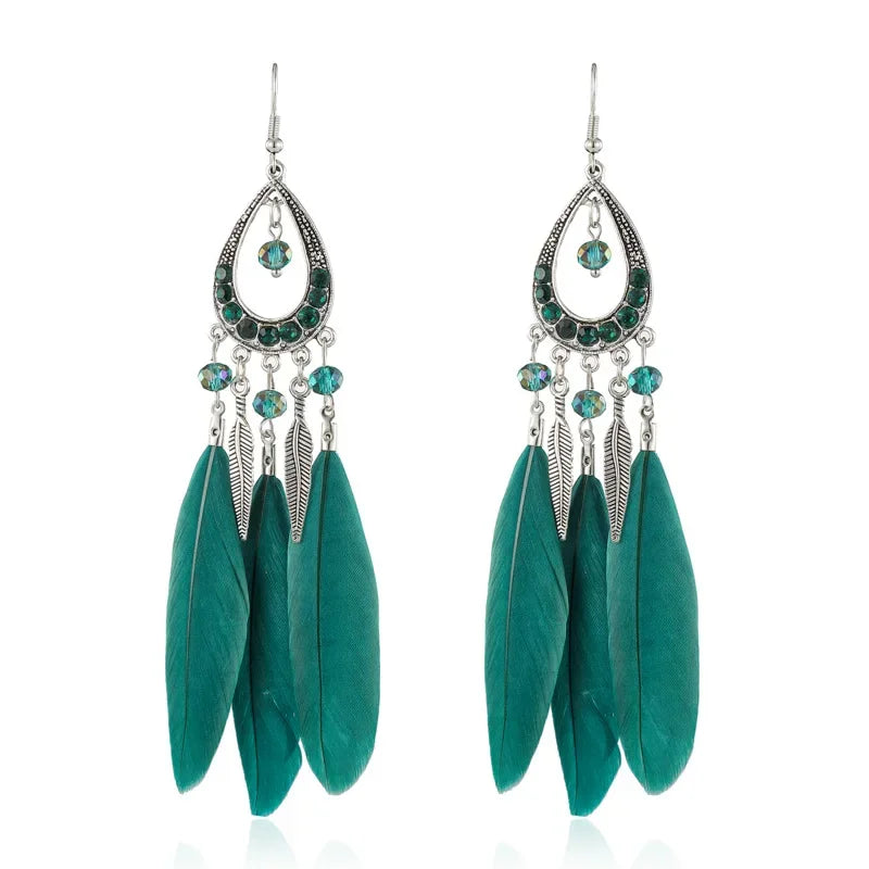 Bohemian Women Handmade Earrings For Female Colorful Long Feather Crystal Drop Tassel Dangle Earring Ladies Boho Jewelry Gift