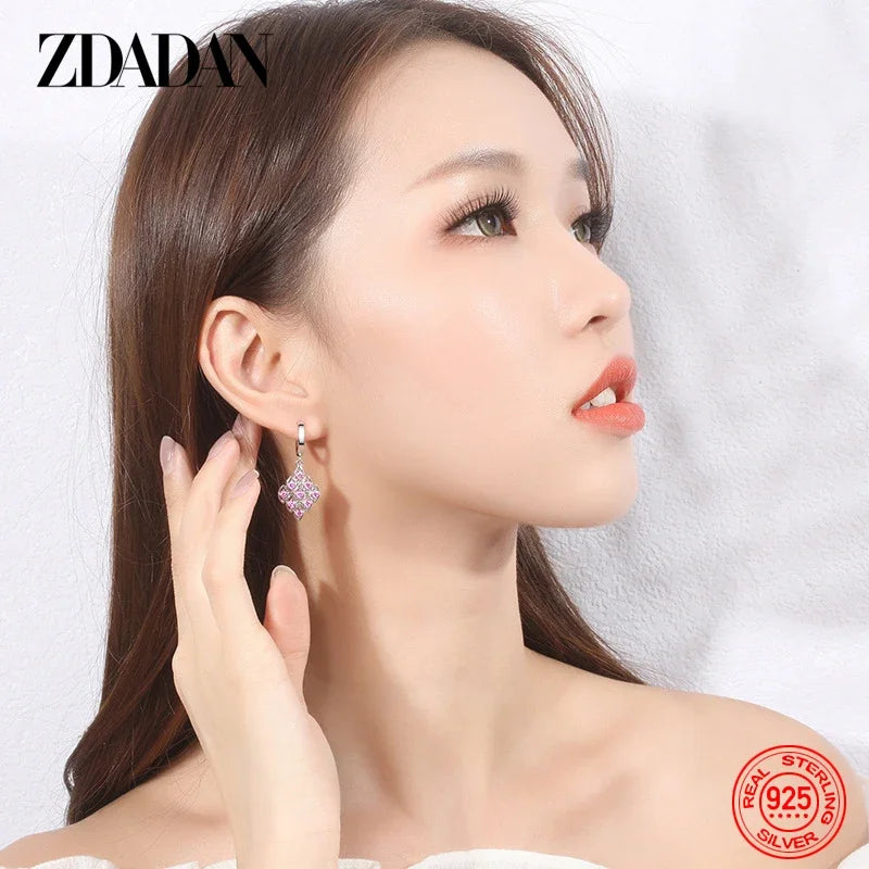 ZDADAN 925 Sterling Silver Purple Zircon Geometric Earrings For Women Fashion Jewelry