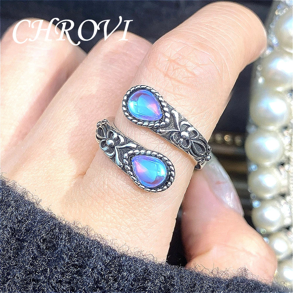 Retro 925 Sterling Silver Agate Spoon, Moonstone Ring, Women's Simple and Fashionable Ring
