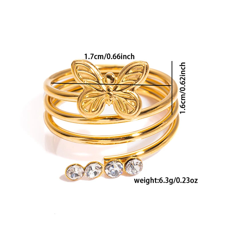 ANENJERY 316L Stainless Steel Turquoise Zircon Hollow Open Multi Layered Ring for Women Vintage Niche Jewelry Gifts Wholesale