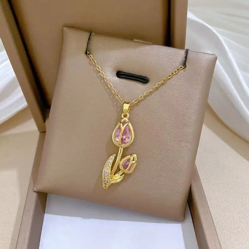 EILIECK New Tulip Flower Cubic Zirconia Chain Necklace Stainless Steel Fashion Collar Necklace Jewelry for Women Bijoux Gift