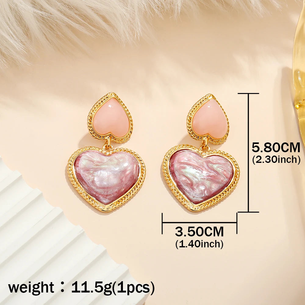 Badu Pink Heart Earrings for Women Girls Vintage Resin Double Heart Drop Earrings Cute Sweet Statement Jewelry Daily Wear